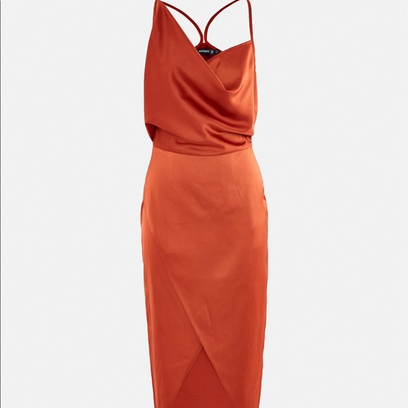 missguided strappy cowl midi satin dress in rust
